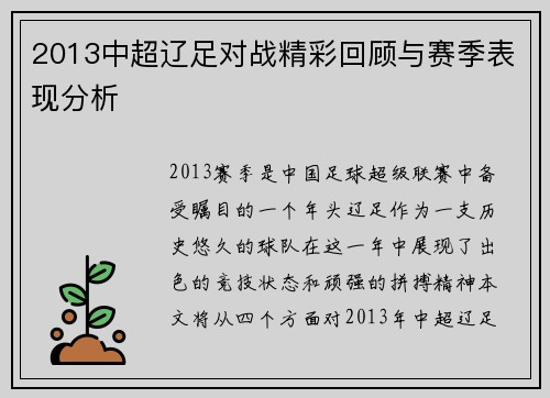 2013中超辽足对战精彩回顾与赛季表现分析